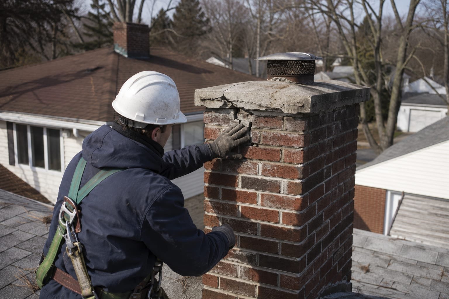 Chimney crown repair underway on a postwar home in Camillus, NY