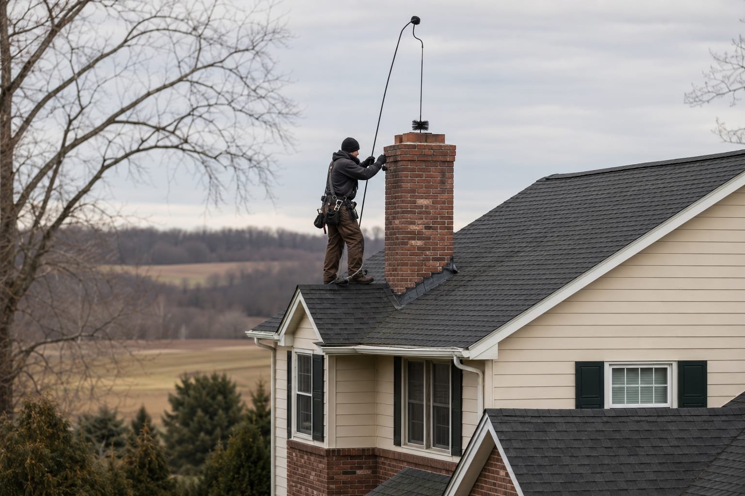 Chimney sweep working on a suburban home chimney in Cicero, NY