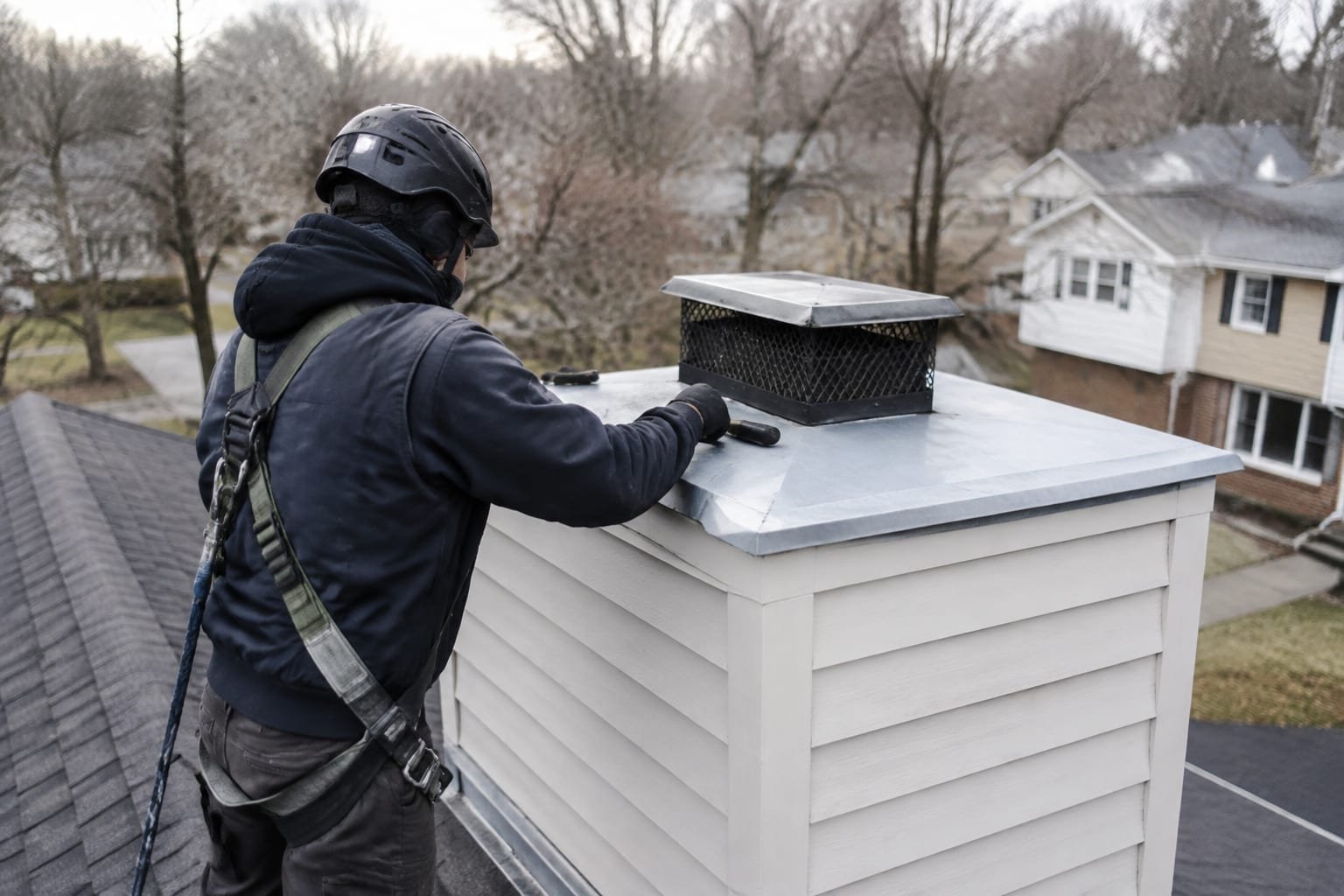 Technician inspecting a framed chimney chase and chase cover on a home in Clay, NY