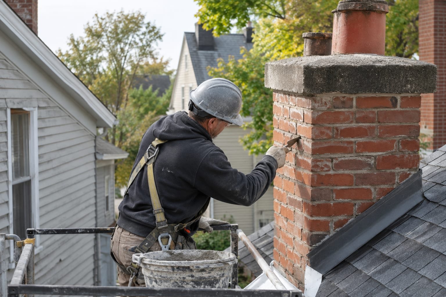Chimney repair work on a closely built older village home in East Syracuse, NY