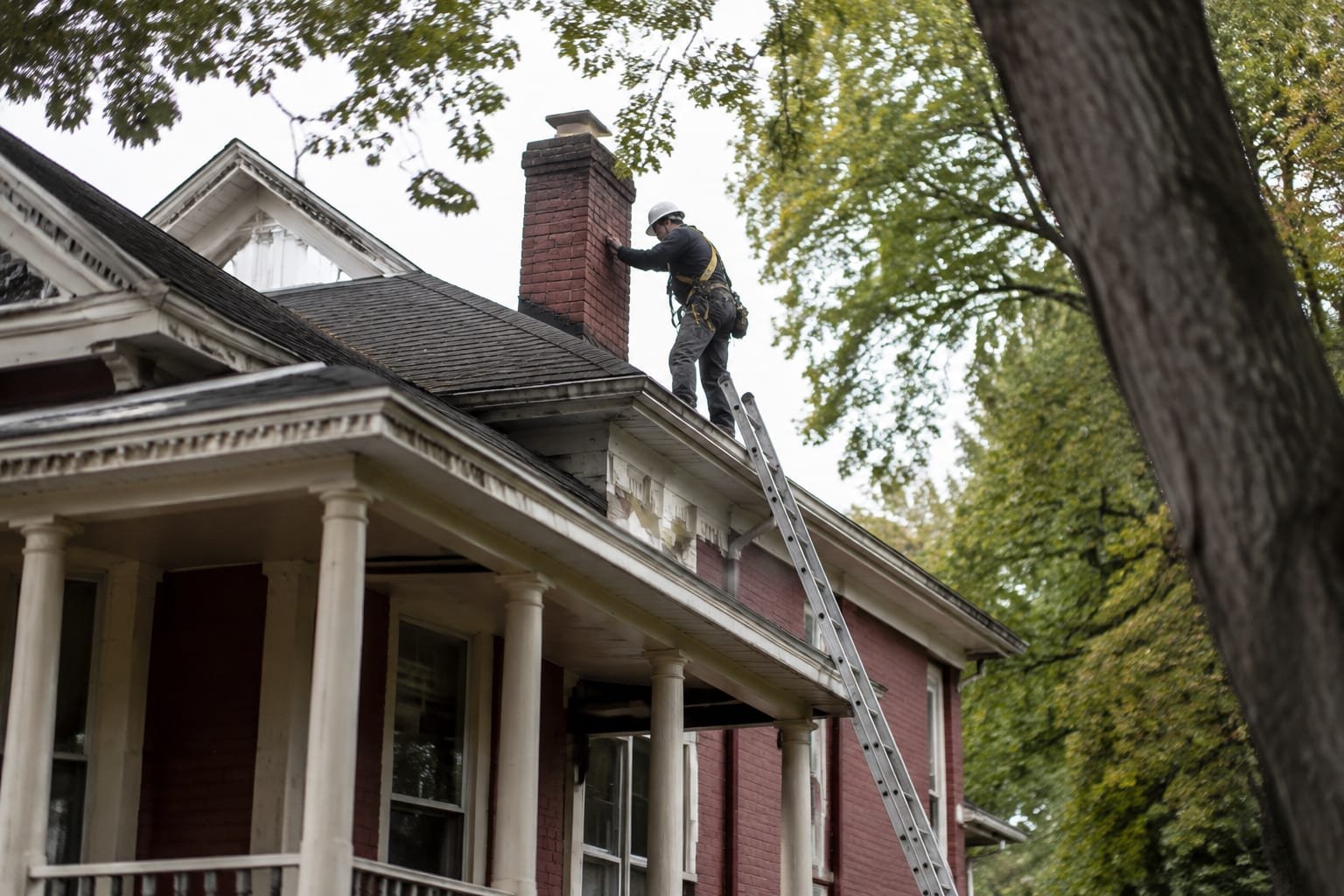 Technician inspecting a brick chimney on an older village home in Liverpool, NY