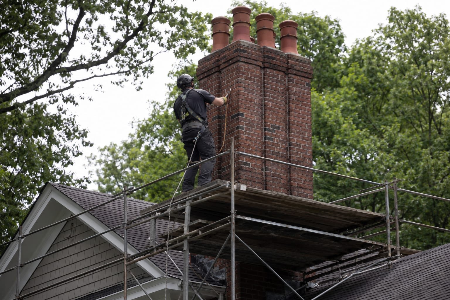 Mason repairing a tall multi-flue chimney on a home in Manlius, NY