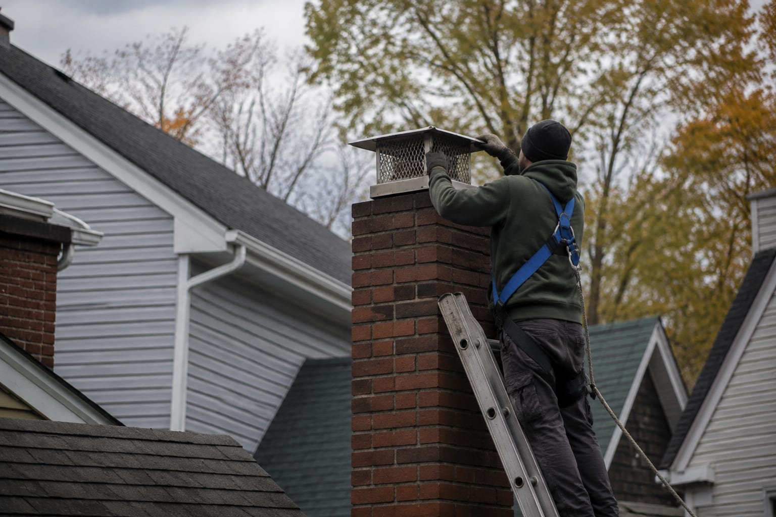 Chimney cap installation on a closely spaced postwar home in North Syracuse, NY
