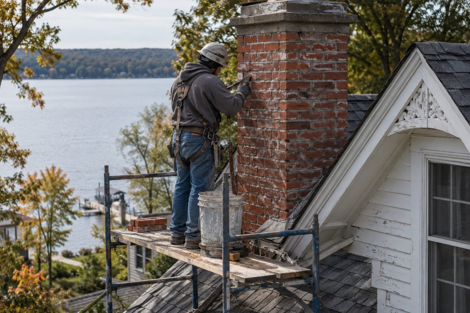 Restoration work on a historic stone and brick chimney in Skaneateles, NY