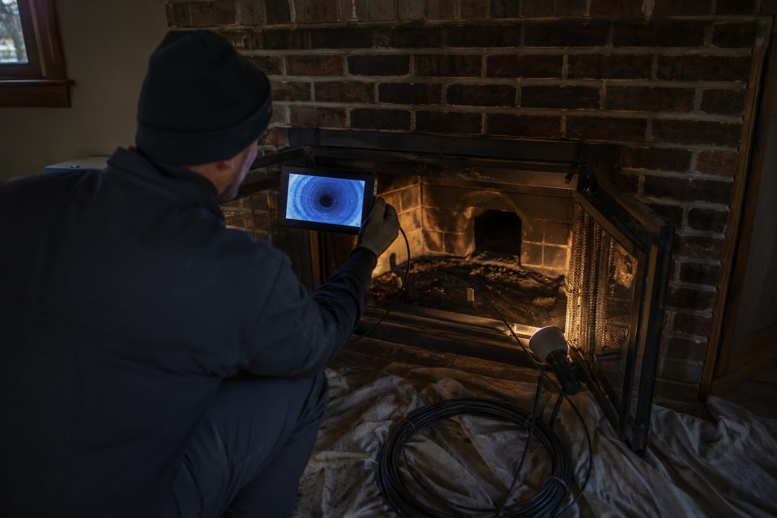 Technician reviewing flue camera footage with a homeowner during a chimney inspection in Syracuse, NY