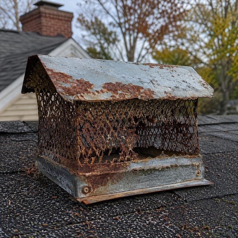 Rusted-through galvanized chimney cap removed from a Syracuse, NY rooftop