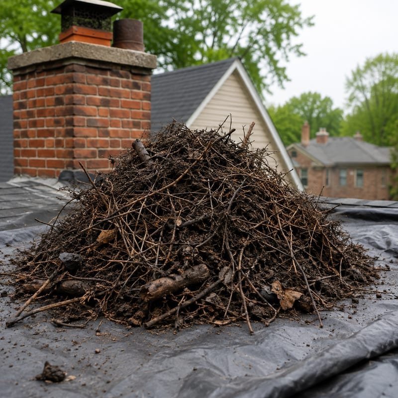 Bird nesting debris removed from an uncapped chimney flue in Syracuse, NY