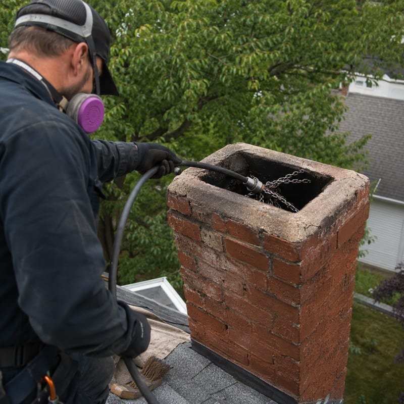 Rotary chain cleaning head being fed into a masonry flue in Syracuse, NY
