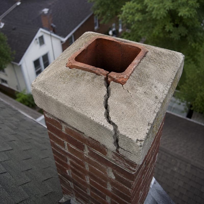 Cracked concrete chimney crown before repair on a Syracuse, NY rooftop