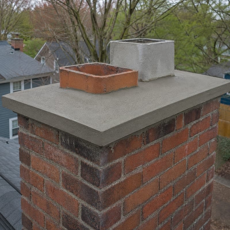 Newly poured reinforced chimney crown with overhang and drip edge in Syracuse, NY