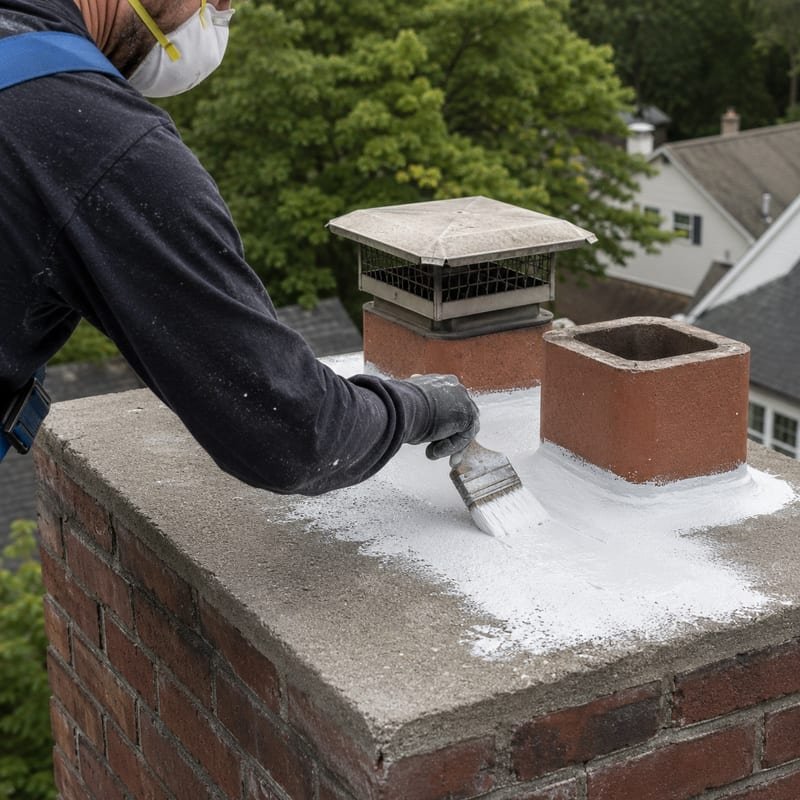 Elastomeric crown coating being applied to a sealed chimney crown in Syracuse, NY