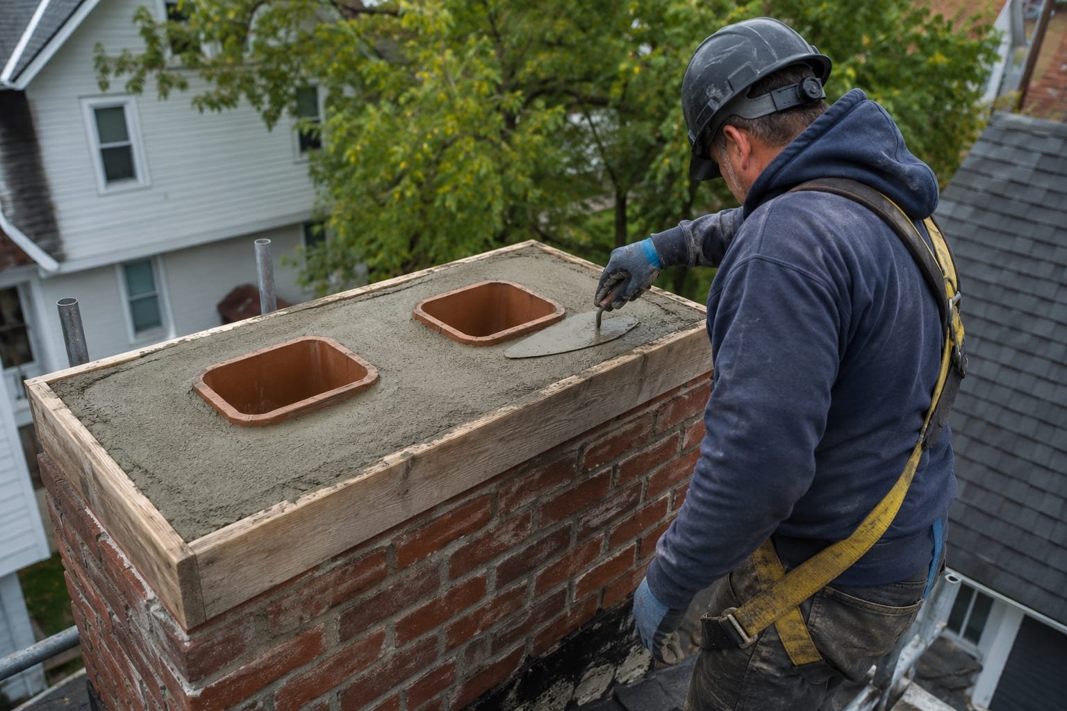 Cracked concrete chimney crown with spalling mortar on a Syracuse, NY chimney