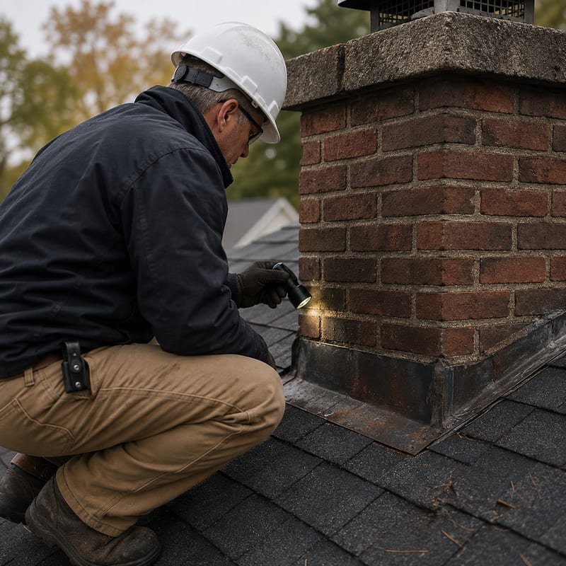 Inspector examining chimney flashing and brickwork on a rooftop in Syracuse, NY