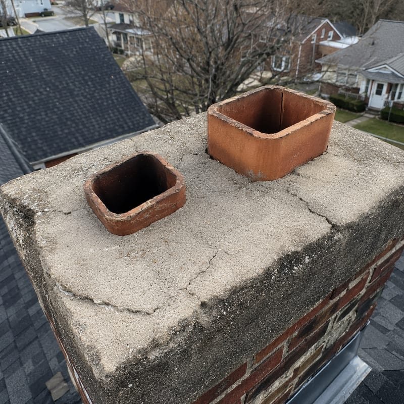 Weathered chimney crown with hairline cracking found during a chimney inspection in Syracuse, NY