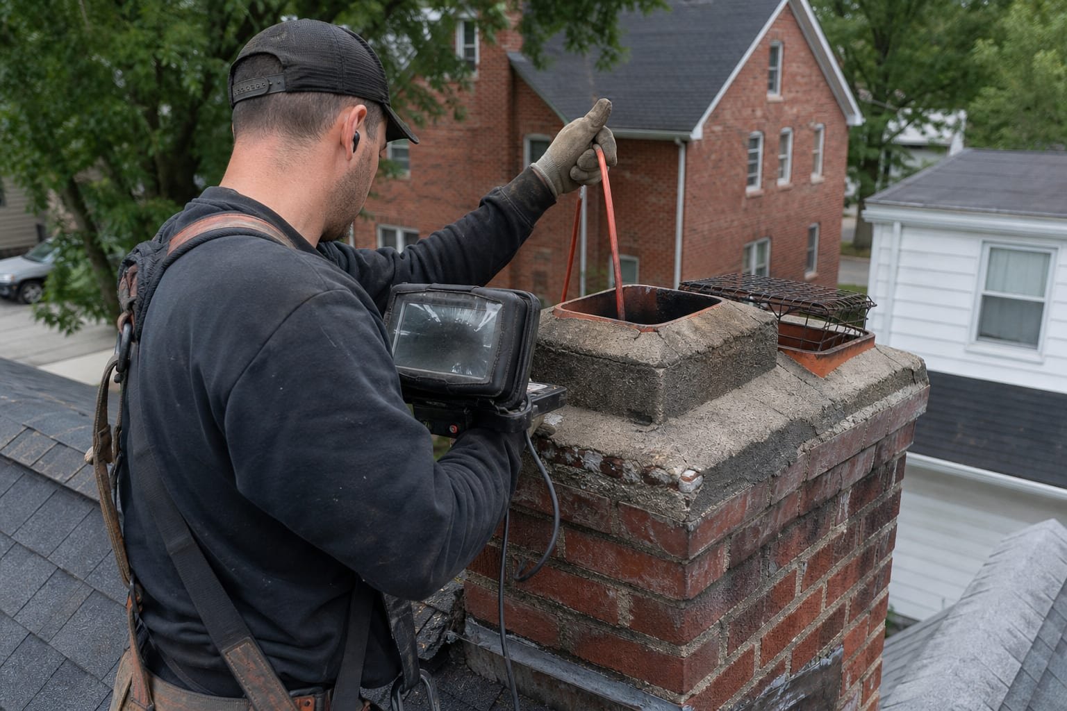 Technician lowering an inspection camera into a flue during a chimney inspection in Syracuse, NY