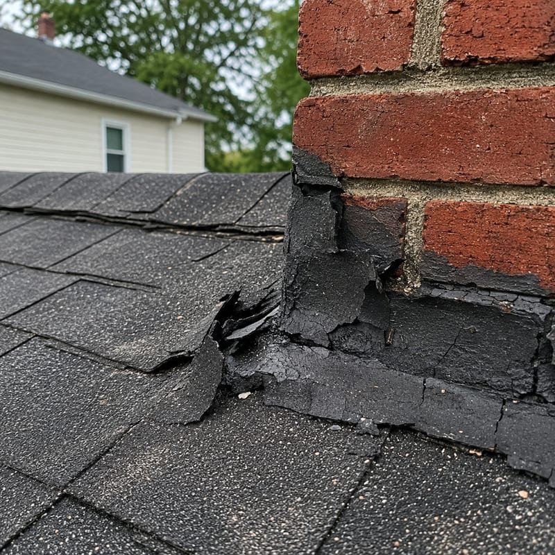 Failed chimney flashing with cracked roofing tar on a Syracuse, NY roof