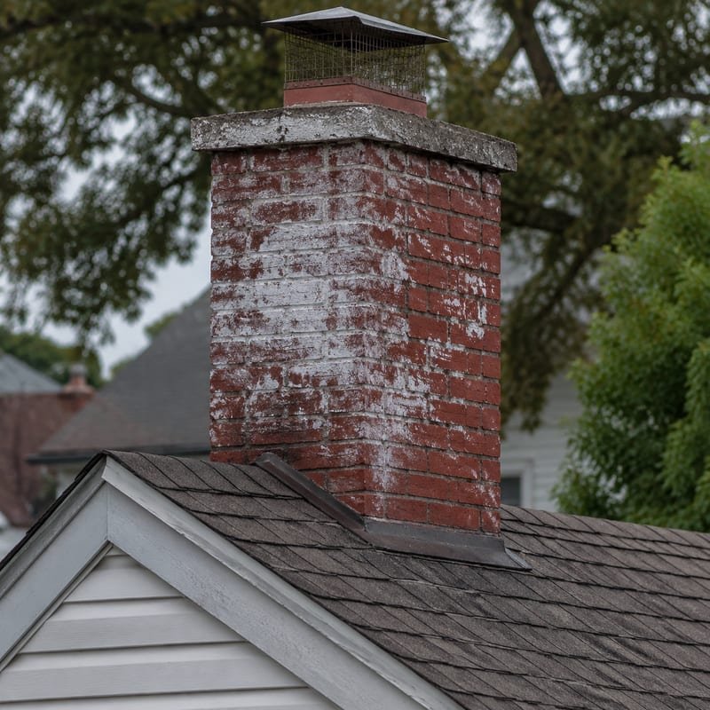 Efflorescence staining on a chimney showing water absorbed through the masonry in Syracuse, NY