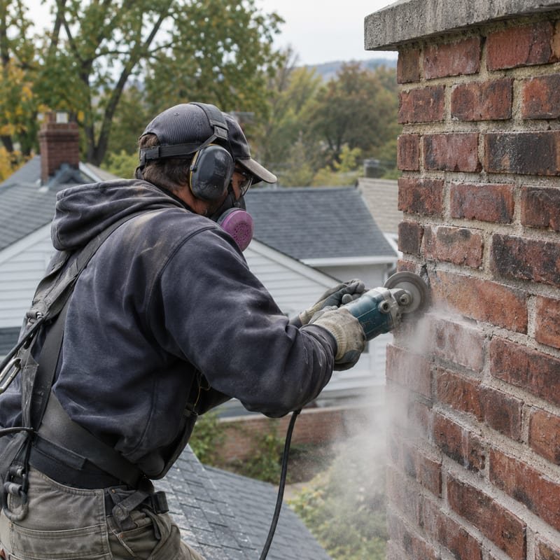 Mason grinding out deteriorated mortar joints for tuckpointing on a chimney in Syracuse, NY