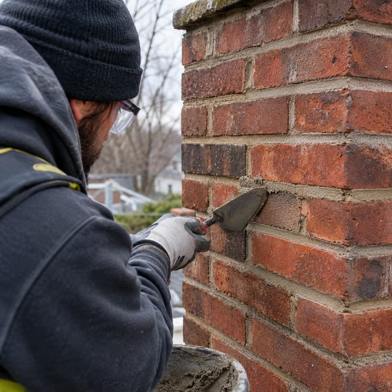 Fresh repointing with colour-matched mortar on a section of chimney brick in Syracuse, NY