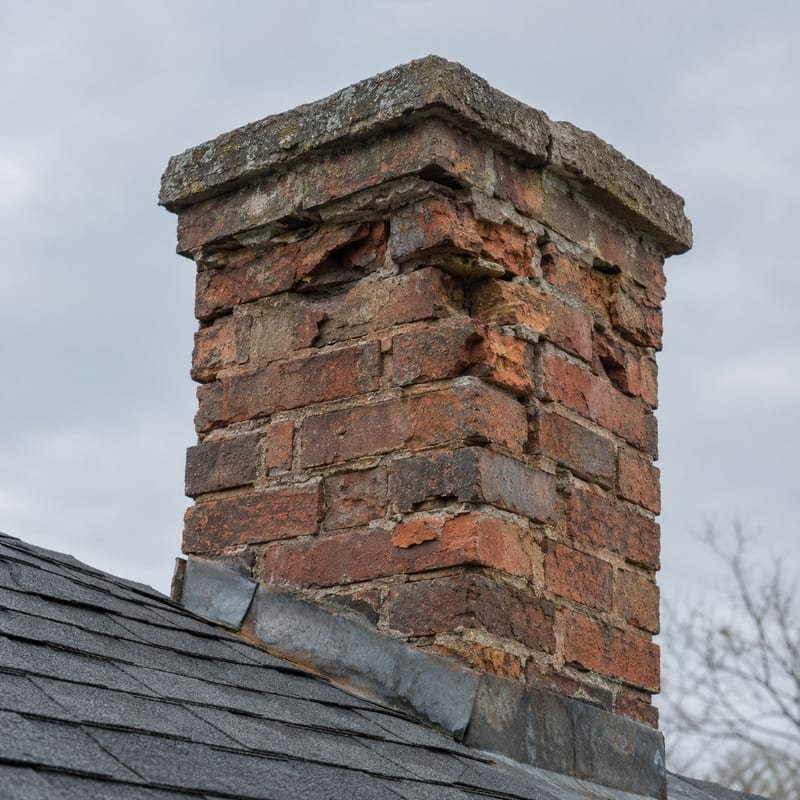 Spalled brick faces near the top of an exposed chimney stack in Onondaga County, NY