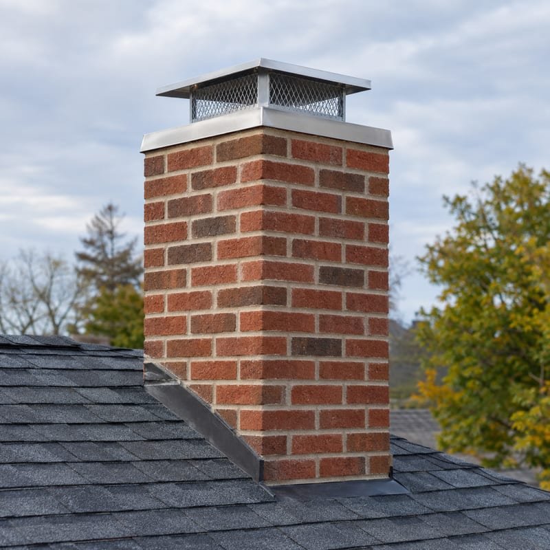 Repointed and waterproofed chimney masonry above a Syracuse, NY roofline