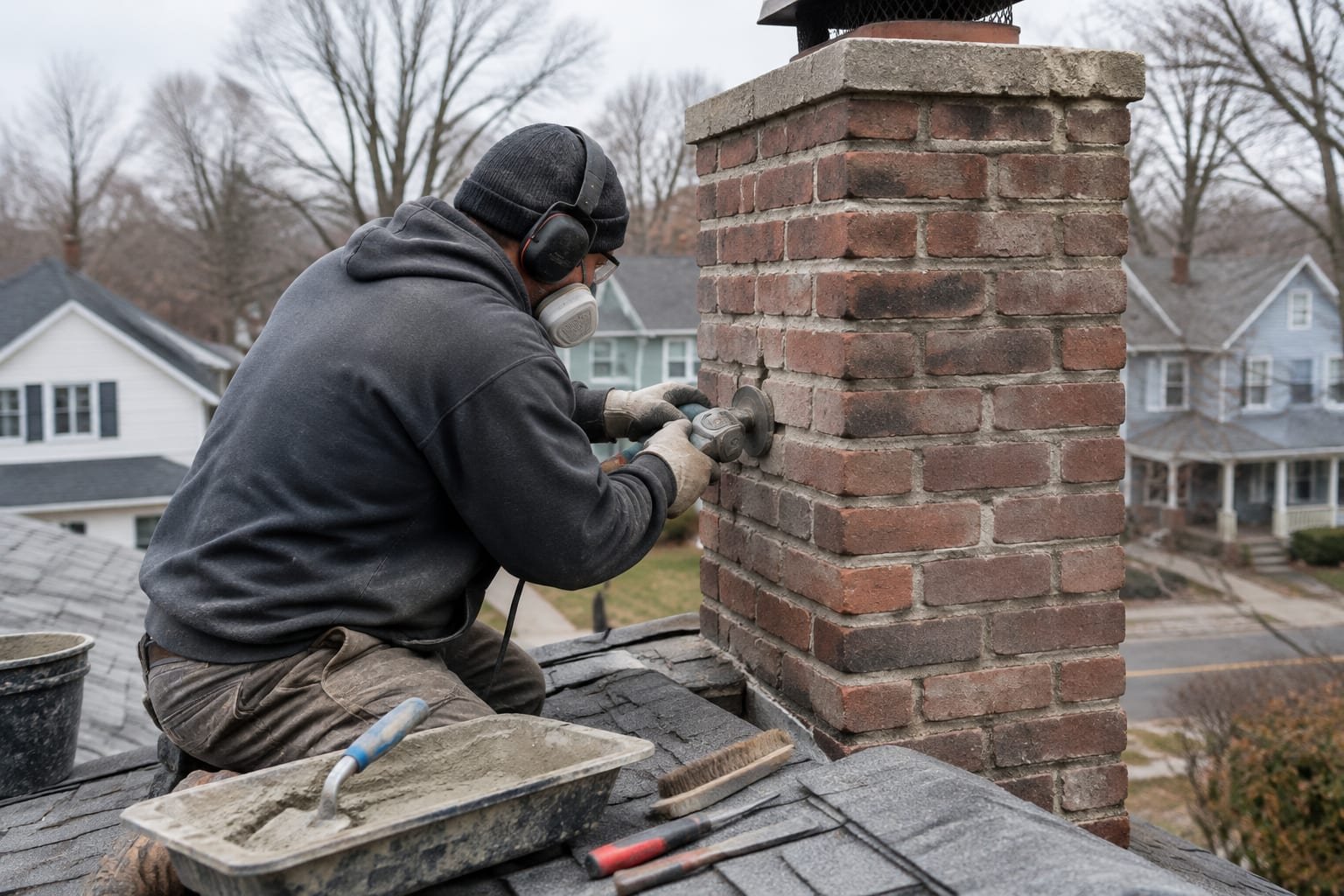 Mason tuckpointing deteriorated mortar joints on a chimney in Syracuse, NY