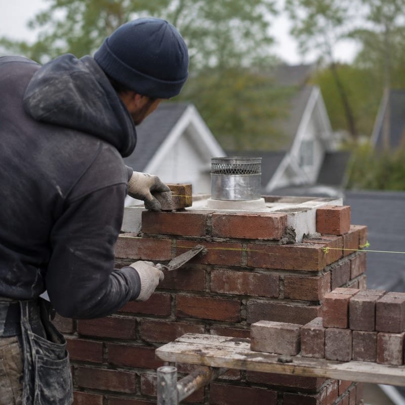 Mason relaying the top courses of a chimney during a partial rebuild in Syracuse, NY