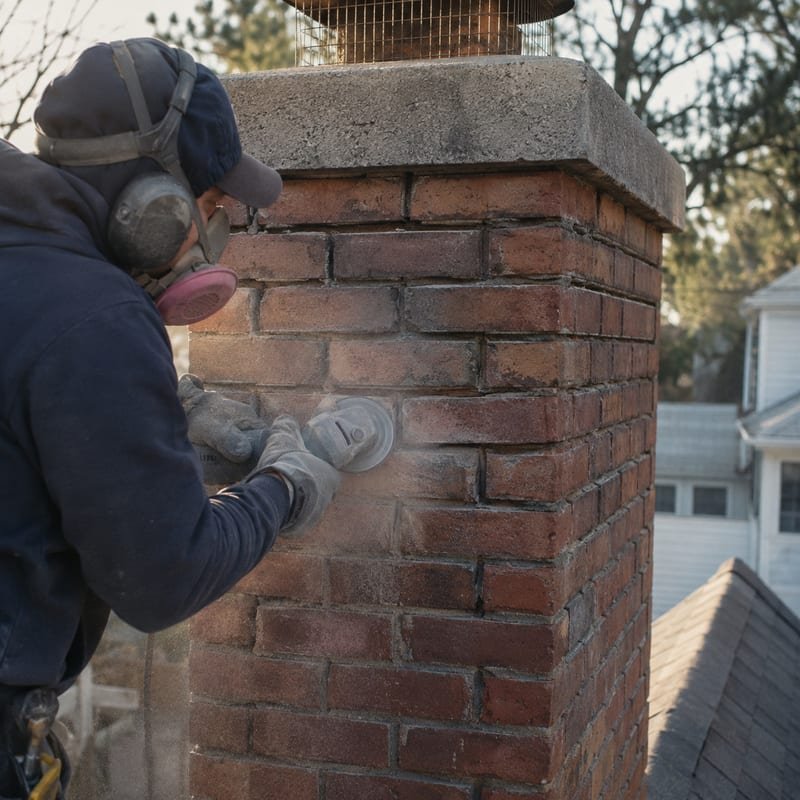 Deteriorated mortar joints being ground out for tuckpointing in Syracuse, NY