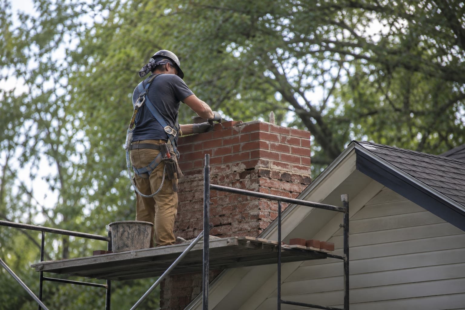 Mason rebuilding the top courses of a deteriorated brick chimney above the roofline in Syracuse, NY