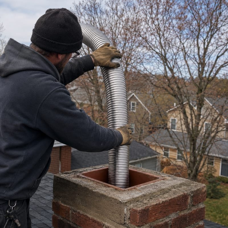 Stainless steel chimney liner being fed down a masonry flue in Syracuse, NY