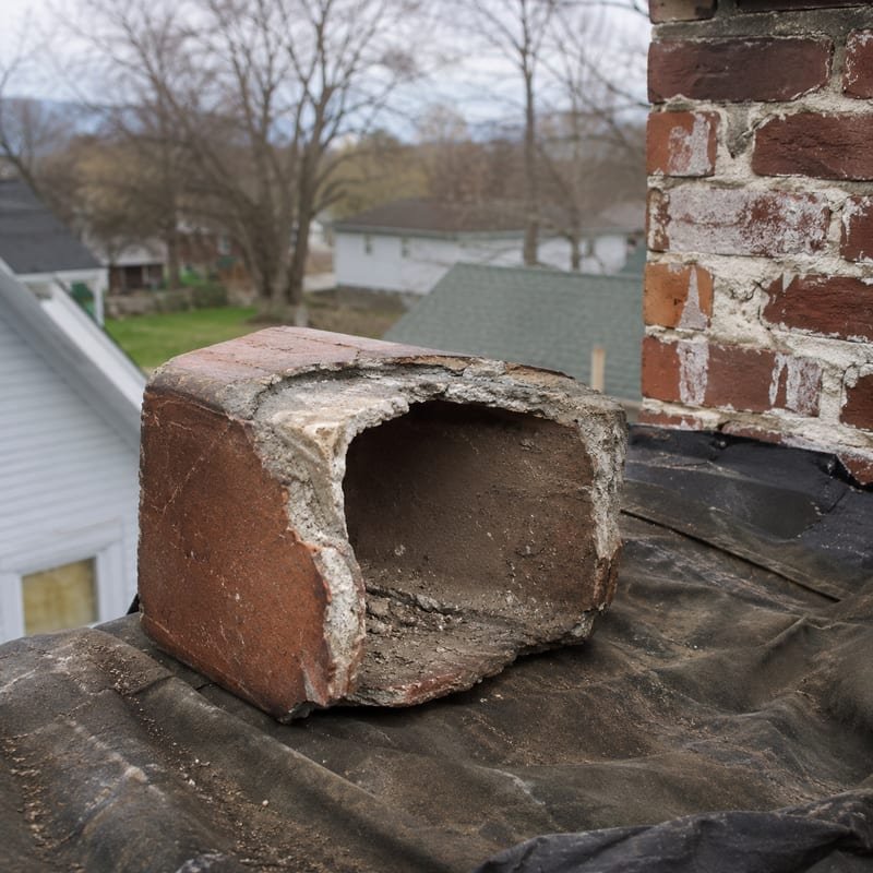 Cracked clay tile flue liner section removed during chimney relining in Syracuse, NY