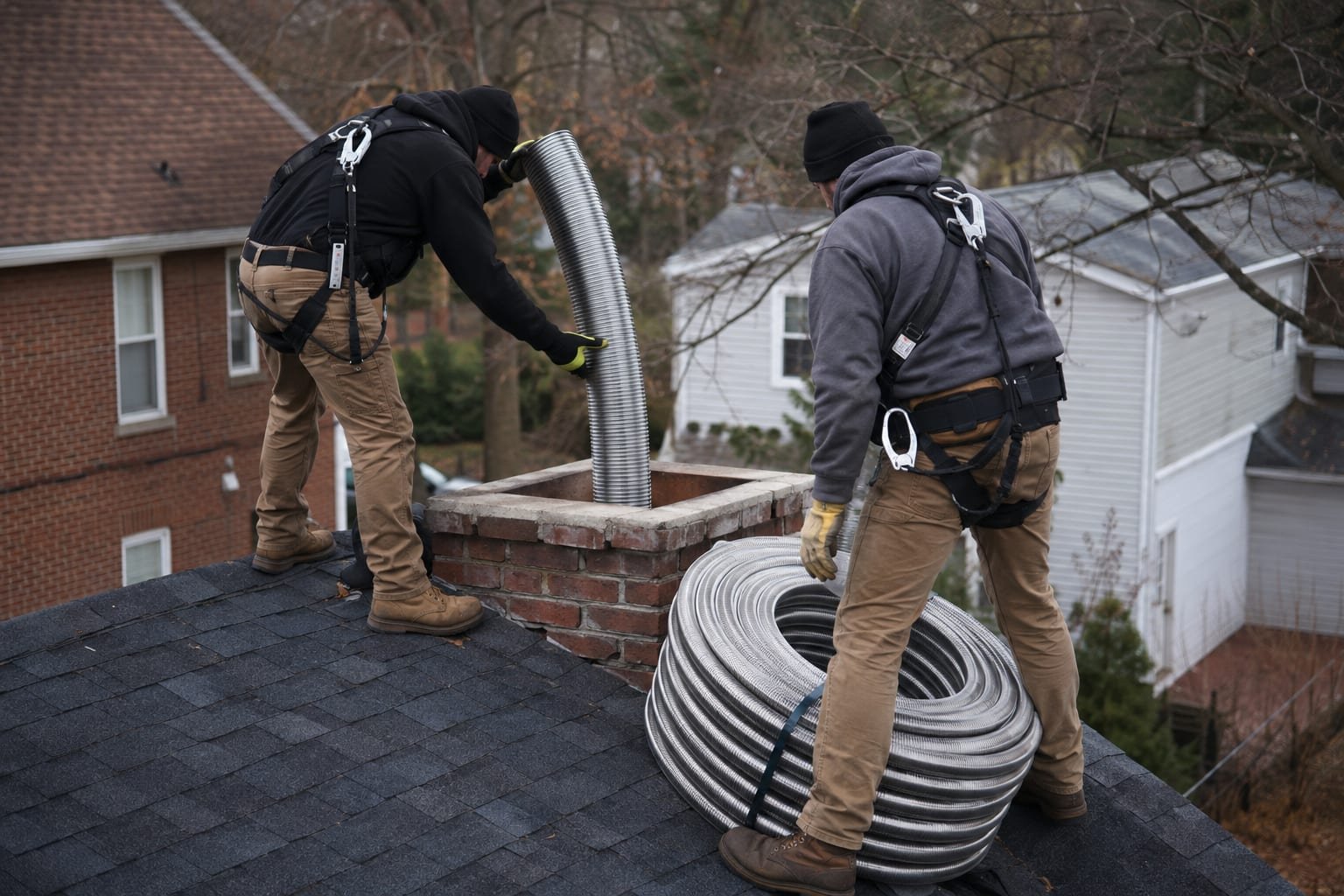 Installer feeding a stainless steel chimney liner down a masonry flue in Syracuse, NY