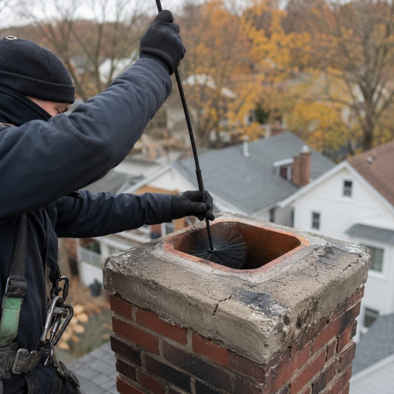 Chimney sweep brushing a clay tile flue from the rooftop of a Syracuse, NY home