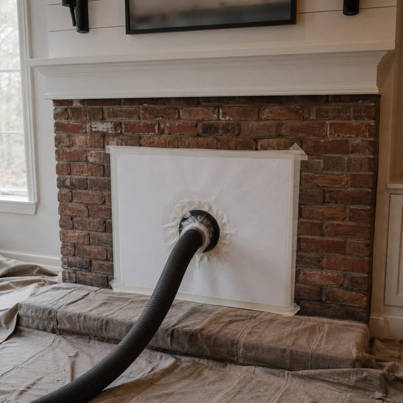 Sealed fireplace opening with HEPA vacuum running during a chimney sweep in Syracuse, NY