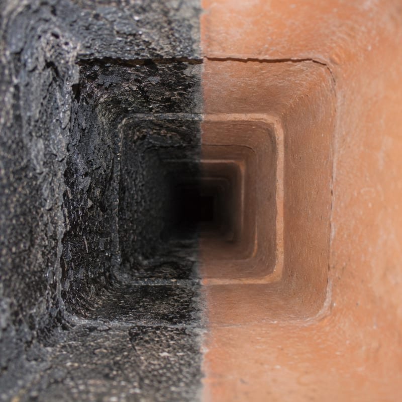Before and after comparison of a flue liner following a chimney sweep in Syracuse, NY