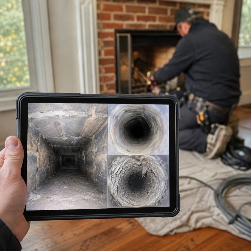 Flue photo report shown on a tablet while a sweep works at the fireplace in Syracuse, NY