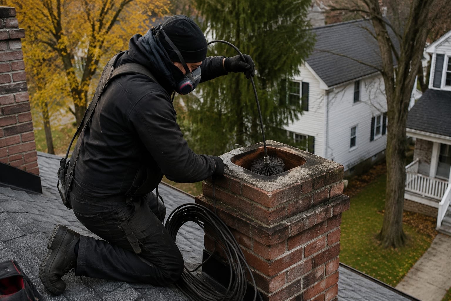 Chimney sweep running a rotary brush down a masonry flue on a Syracuse, NY rooftop