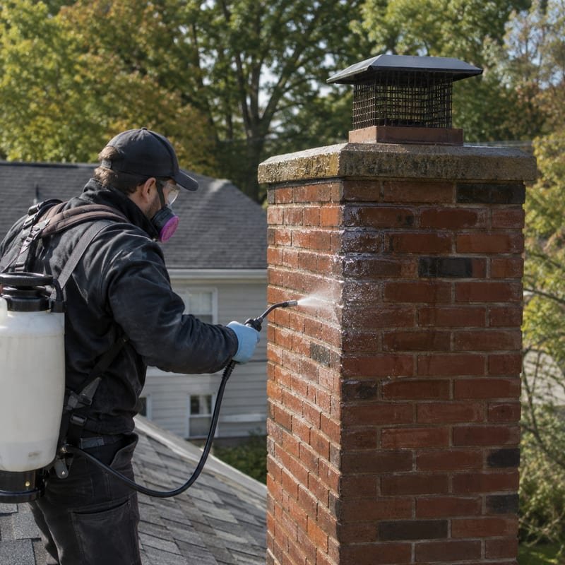Technician applying vapor-permeable siloxane sealer to chimney brickwork in Syracuse, NY