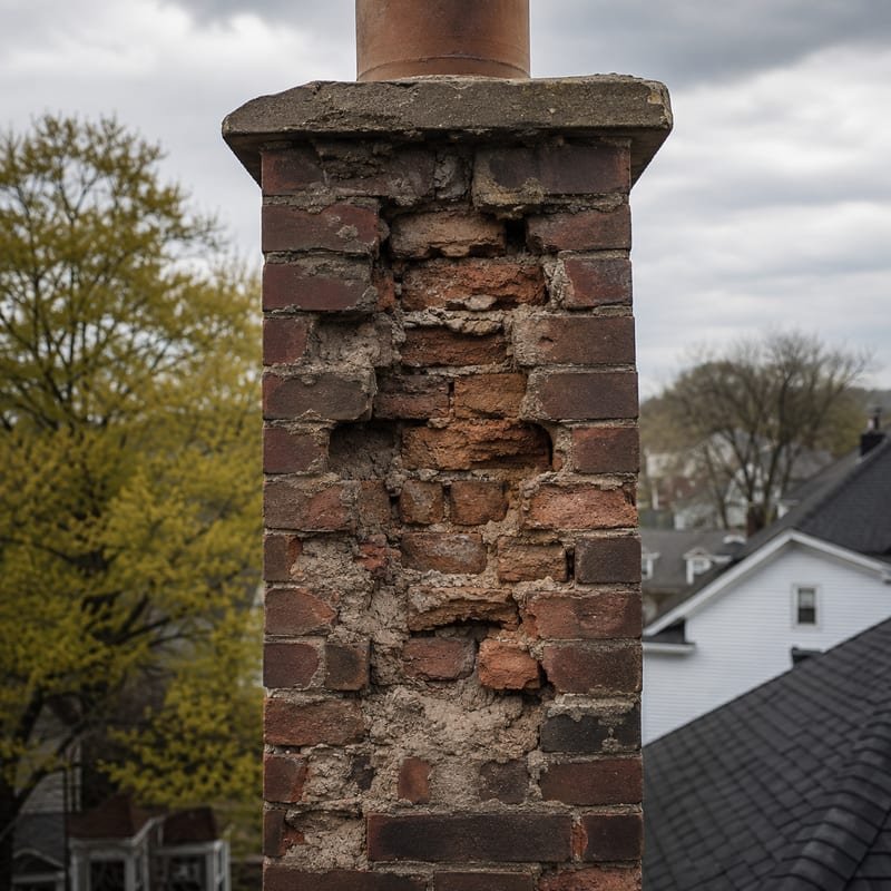Spalled brick faces on an unsealed chimney damaged by freeze-thaw in Syracuse, NY