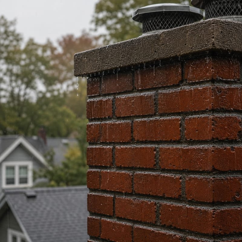 Water beading on a waterproofed chimney after treatment in Syracuse, NY