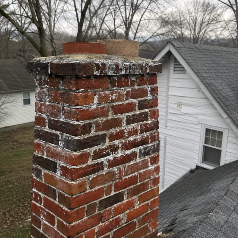 Efflorescence salt staining on chimney masonry before waterproofing in Syracuse, NY