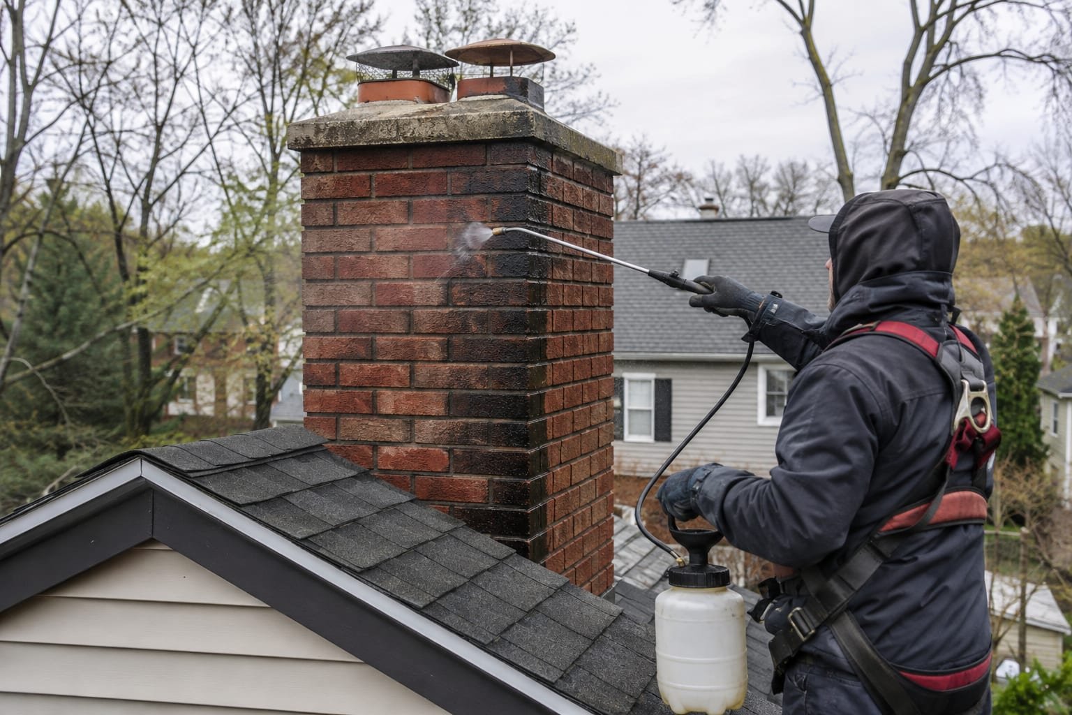 Technician spraying vapor-permeable waterproofing sealer onto brick chimney masonry in Syracuse, NY