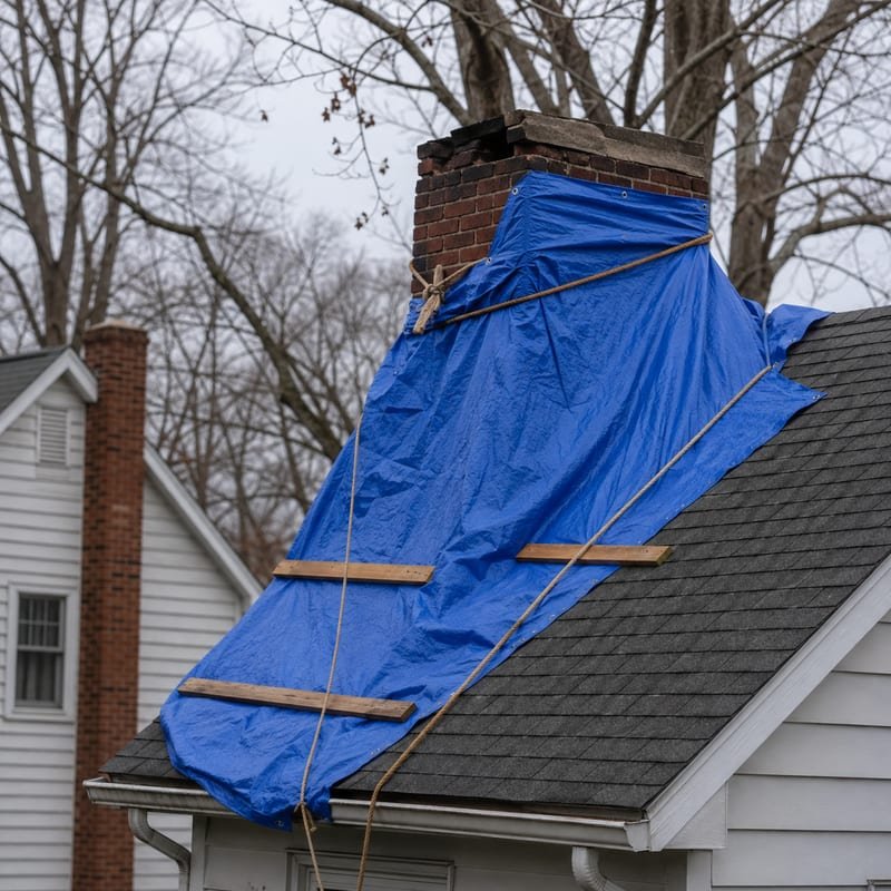 Emergency tarping over a storm-damaged chimney in Syracuse, NY
