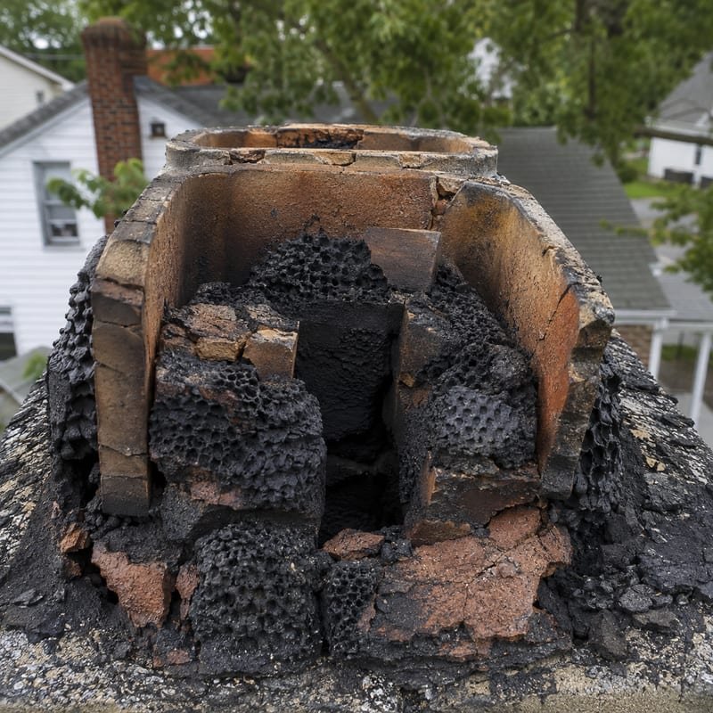 Cracked flue tiles and honeycombed creosote after a chimney fire in Syracuse, NY