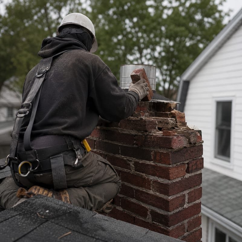Unstable leaning chimney stack being made safe in Syracuse, NY