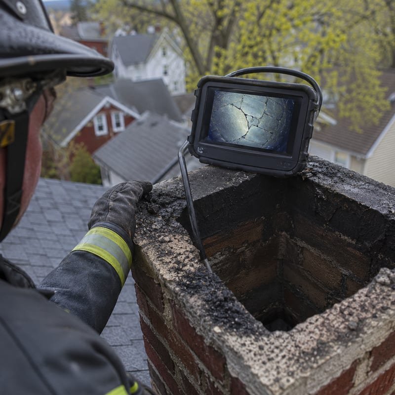 Level 2 camera inspection being carried out after a chimney fire in Syracuse, NY