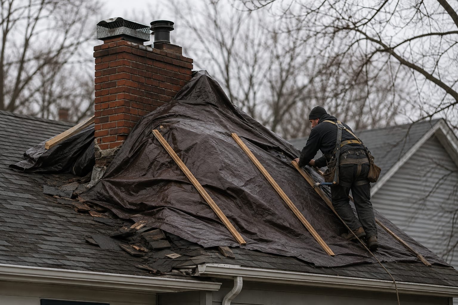 Emergency tarping and make-safe work on a storm-damaged chimney in Syracuse, NY