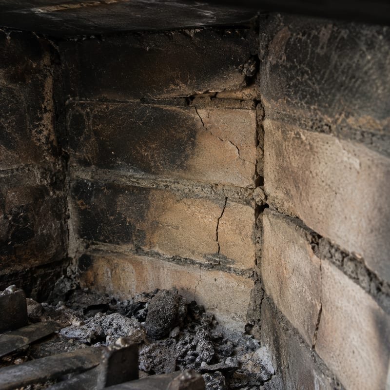 Cracked firebrick and deteriorated refractory joints inside a wood-burning fireplace firebox in Syracuse, NY