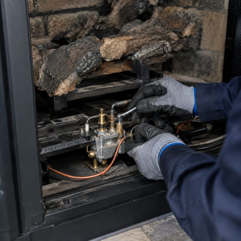 Technician servicing the gas valve and pilot assembly of a gas fireplace in Syracuse, NY