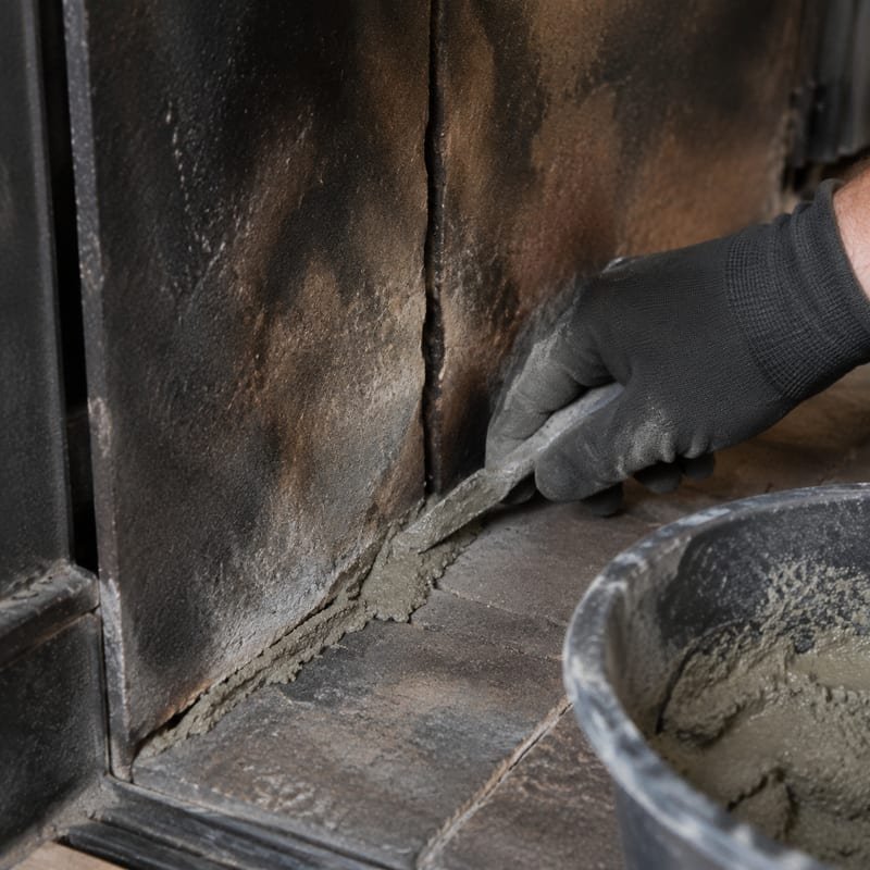 Refractory repair in progress on the firebox of a Central New York masonry fireplace
